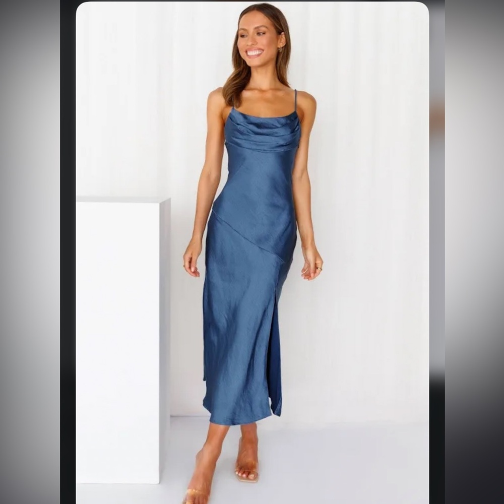 Blue Satin Midi Dress